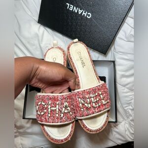 Chanel Tweed Coral, Red & pink Mules